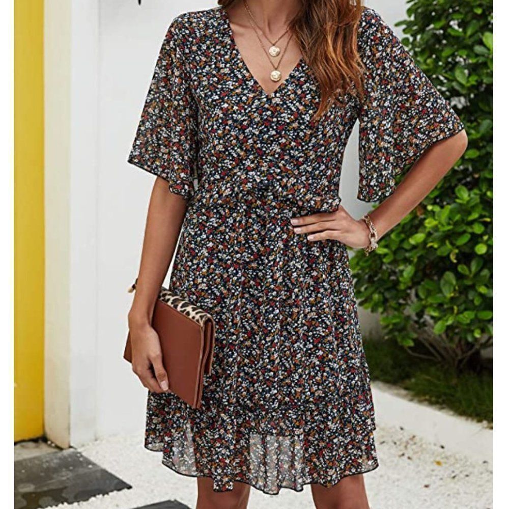Summer Floral Print V Neck Casual Mini Boho Ruffle Swing Dress (S)